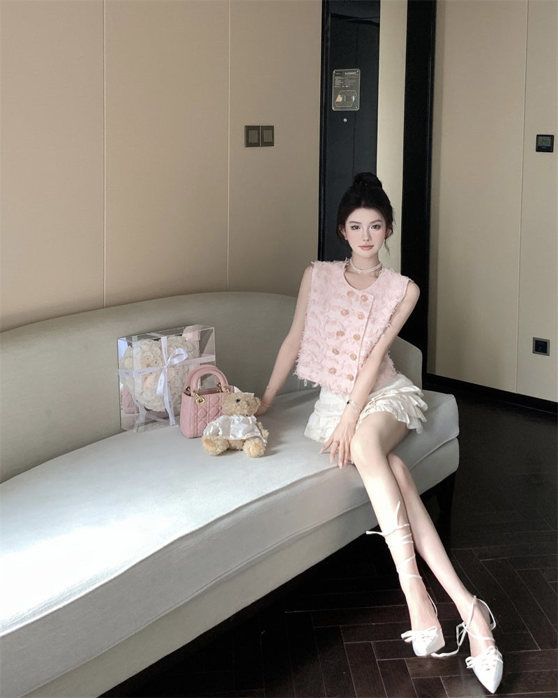 26Jun. 雙排扣流蘇小香馬甲背心 粉