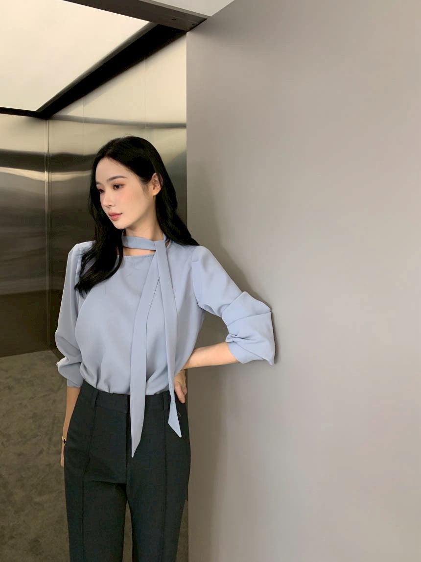 26Jun. 法式新款掛脖飄帶氣質上衣 粉/藍