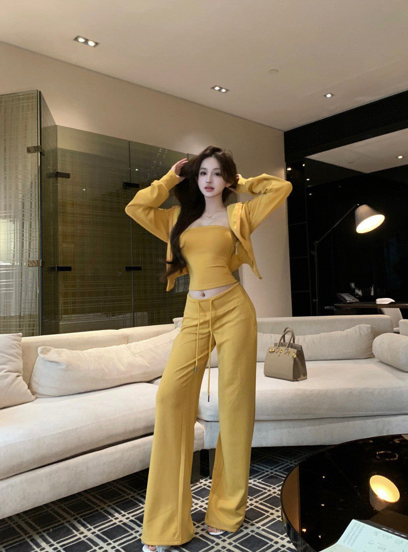 26Jun. 歐美女 休閒時髦抹胸收腰外套套裝 抽繩休閒褲 黃