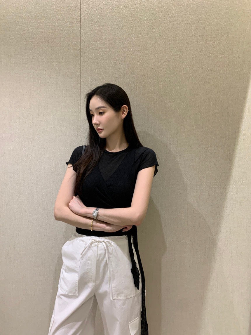26Jun. 氣質捲邊透棉上衣綁帶背心2件組 白/黑