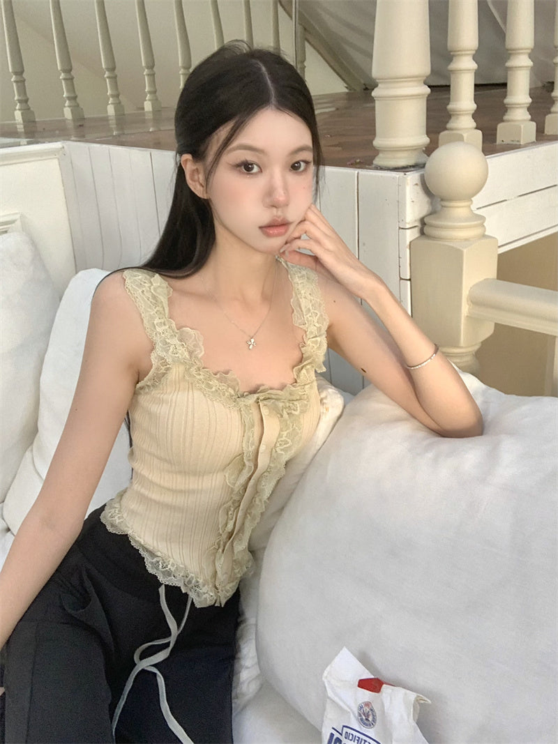 26Jun. 復古蕾絲繞邊馬甲背心 卡其/黑