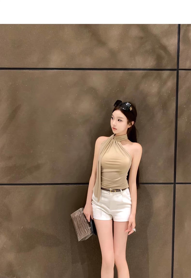 26Jun. 氣質韓女顯瘦一體飄帶背心 卡其