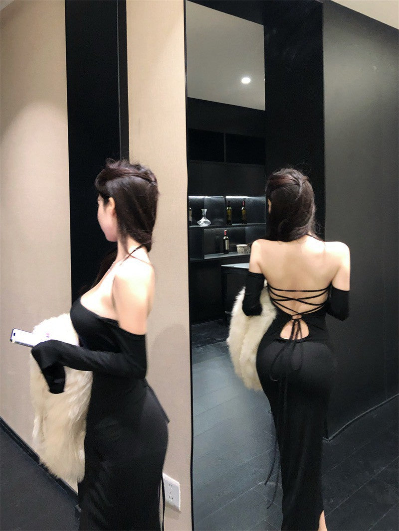 26Jun. 極致美腰性感掛脖交叉綁腰彈力連身裙 黑/藍