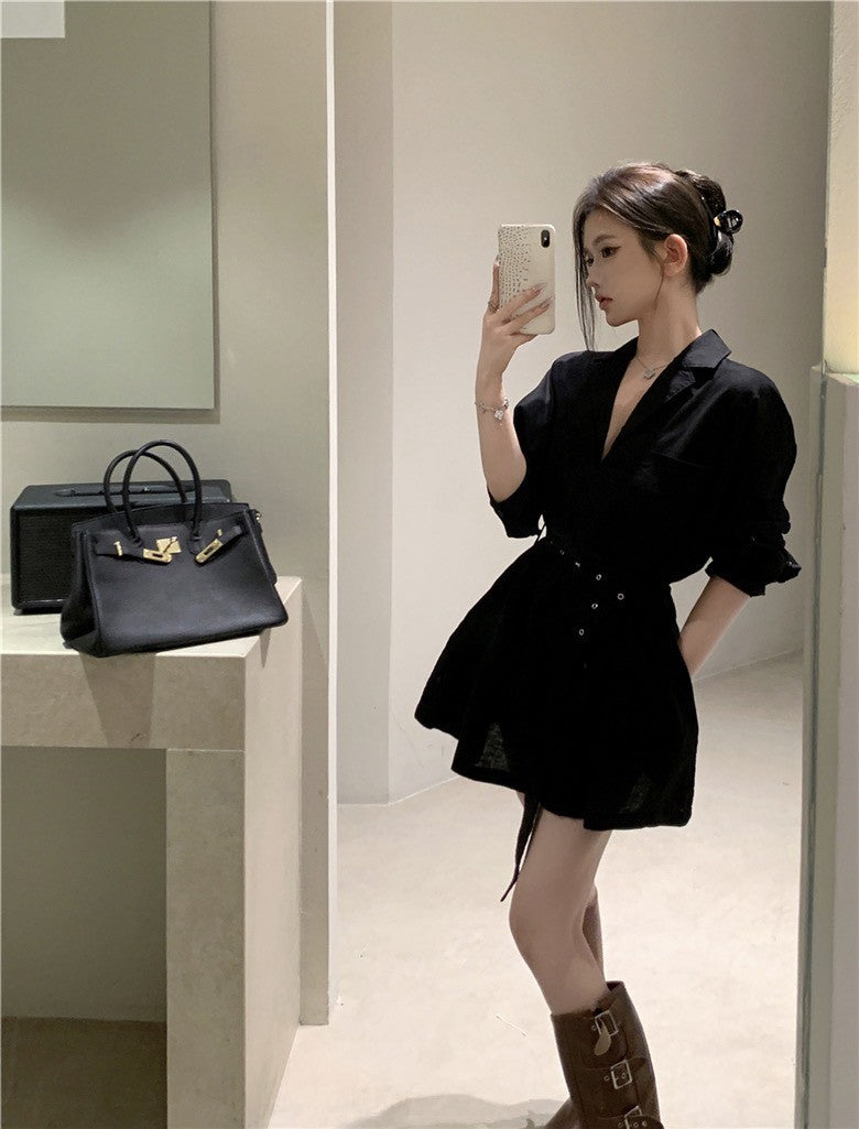 26Jun. 韓女極簡主義西式襯衫收腰裙 黑
