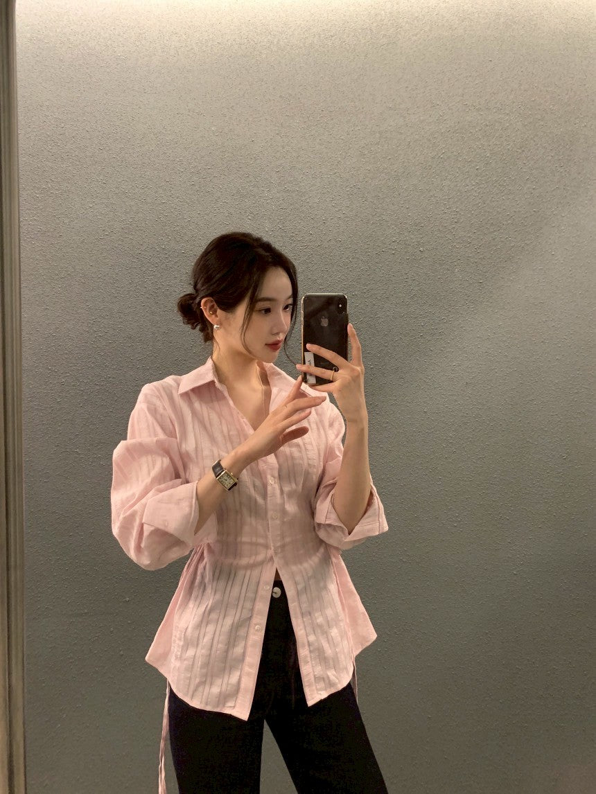 26Jun. 立體輪廓條紋設計抽繩收腰襯衫 粉