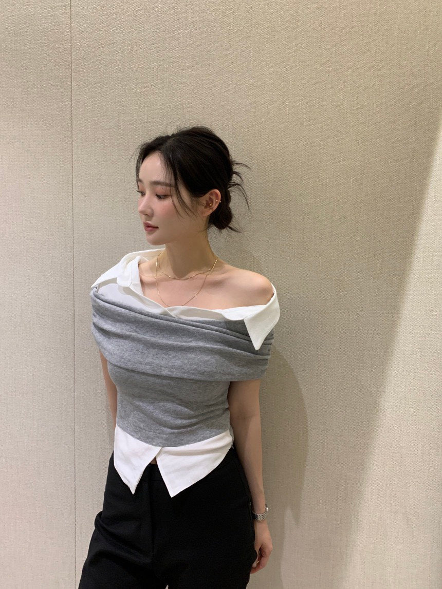 26Jun. Elle庫尼假兩件式襯衫上衣 灰