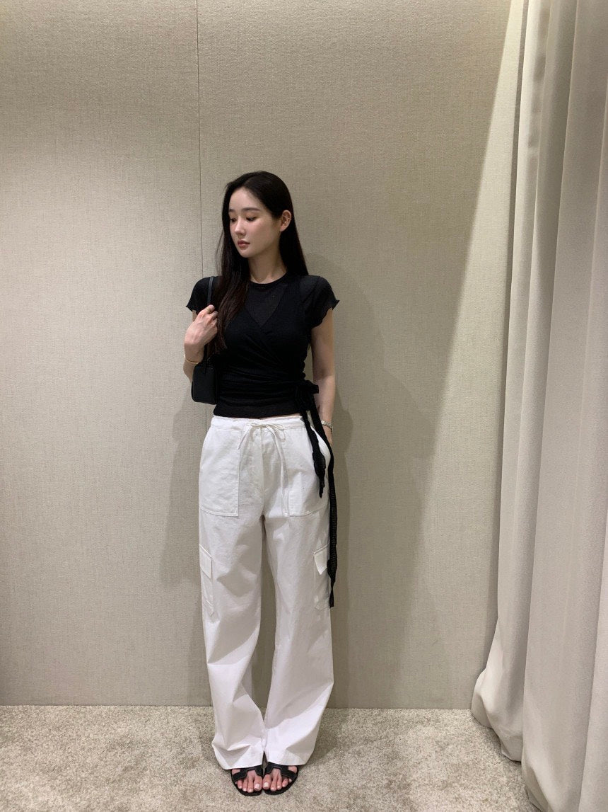 26Jun. 氣質捲邊透棉上衣綁帶背心2件組 白/黑