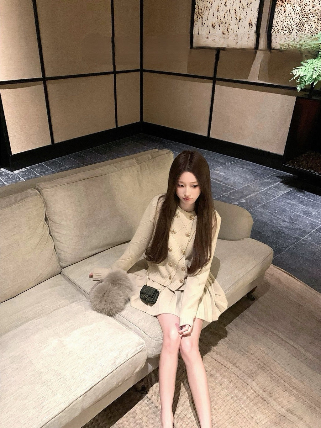 26Jun. 月下桂色慵懶雙排扣針織百褶裙套裝