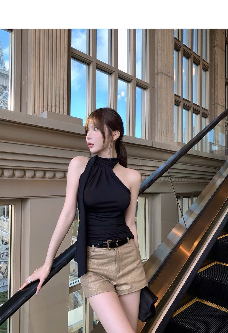 26Jun. 氣質韓女顯瘦一體飄帶背心 黑色