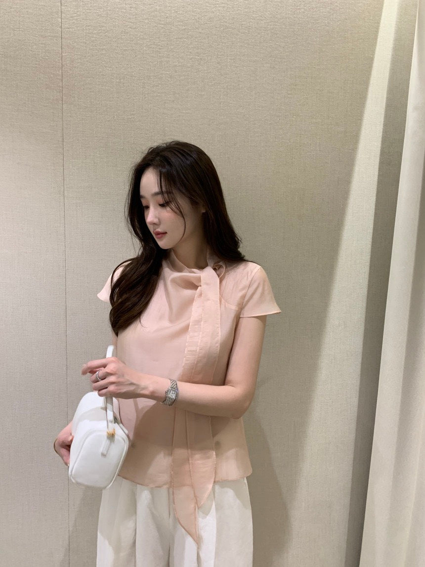 26Jun. 慵懶甜美繫帶領微透視上衣 粉/藍