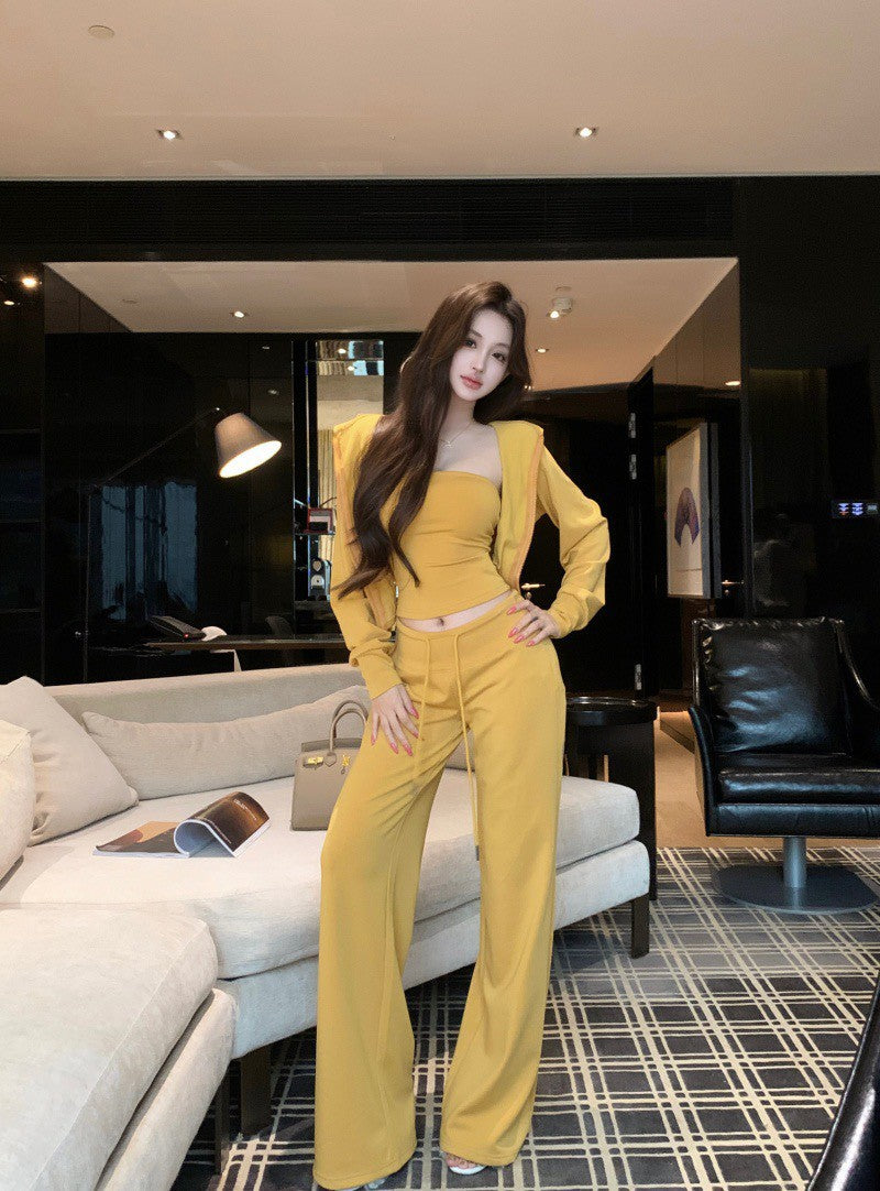 26Jun. 歐美女 休閒時髦抹胸收腰外套套裝 抽繩休閒褲 黃