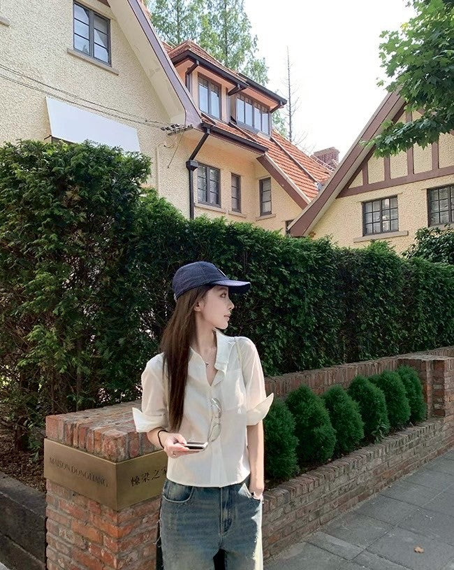 26Jun. 輪廓自洽挺版捲邊小袖休閒襯衫 白