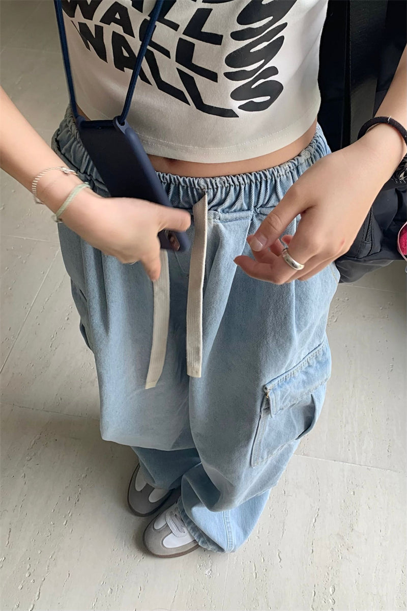 26Jun. 水洗色工裝鬆緊牛仔寬褲