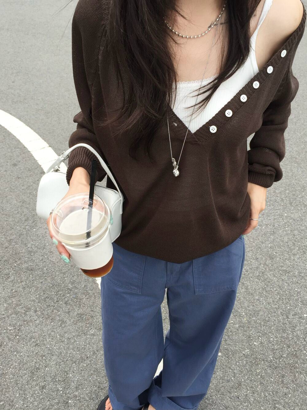 26Sep. 韓chic鈕扣V領慵懶針織上衣 白/杏/咖