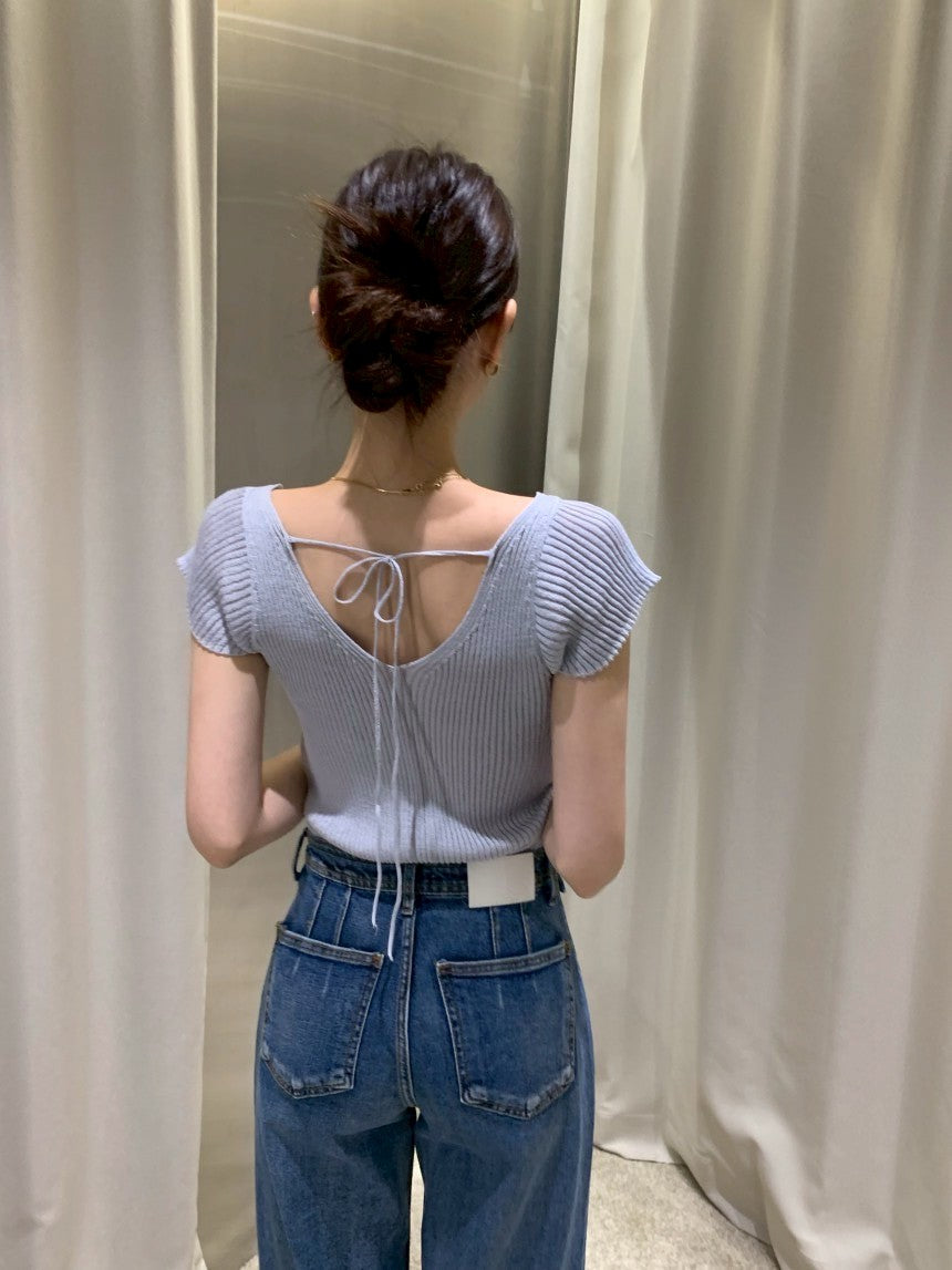 26Jun. 瘦瘦針紙衫 V領美背小綁帶設計上衣 白/淺藍