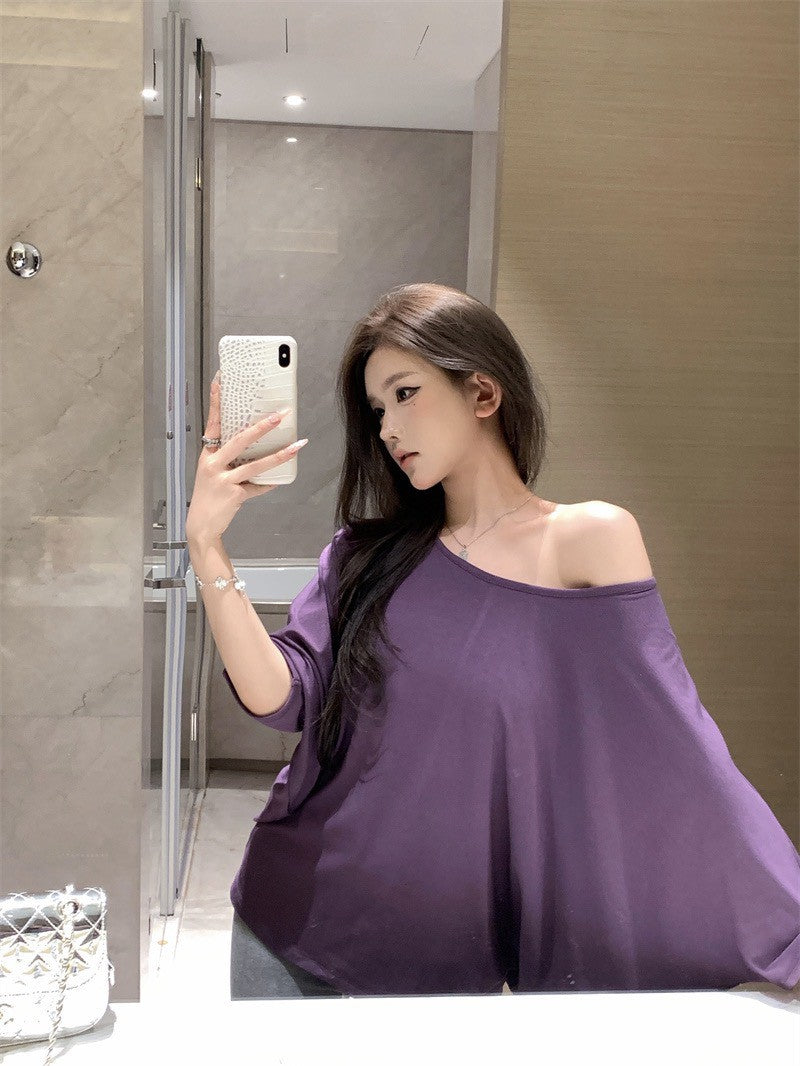 26Jun. 隨性休閒蝙蝠袖斜領紫色上衣 彈力休閒灰色喇叭褲