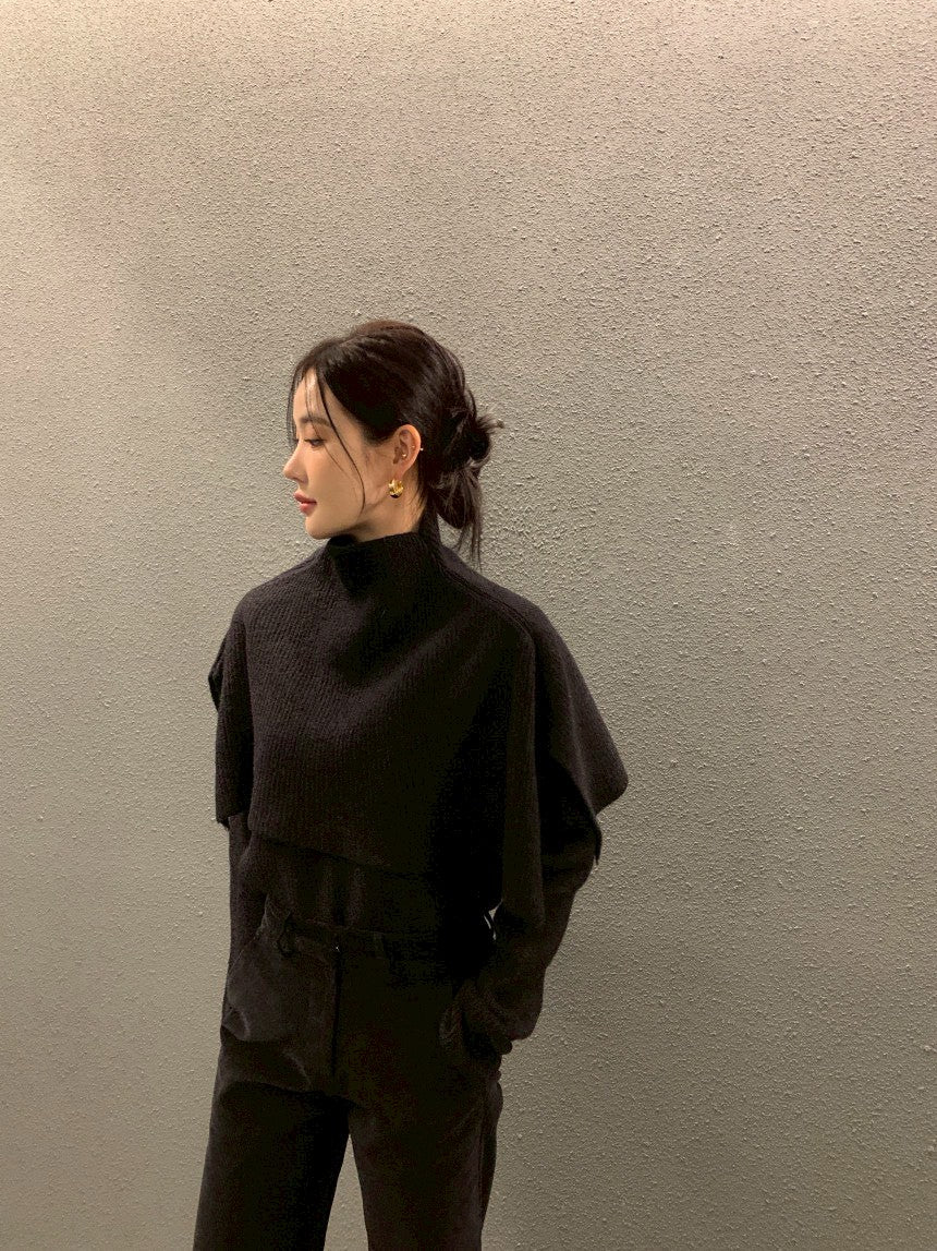 26Jun. 斗篷疊穿氣質針織顯瘦2件式上衣 杏/黑