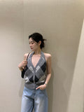 26Jun. 復古菱格掛脖針織背心 灰