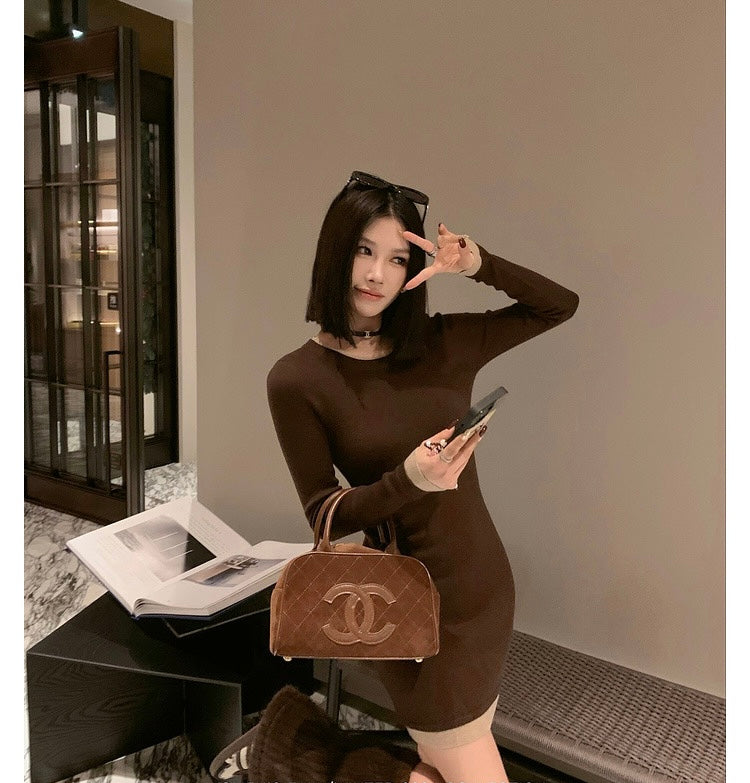 26Jun. 顯瘦修身拼色辣妹裙 咖
