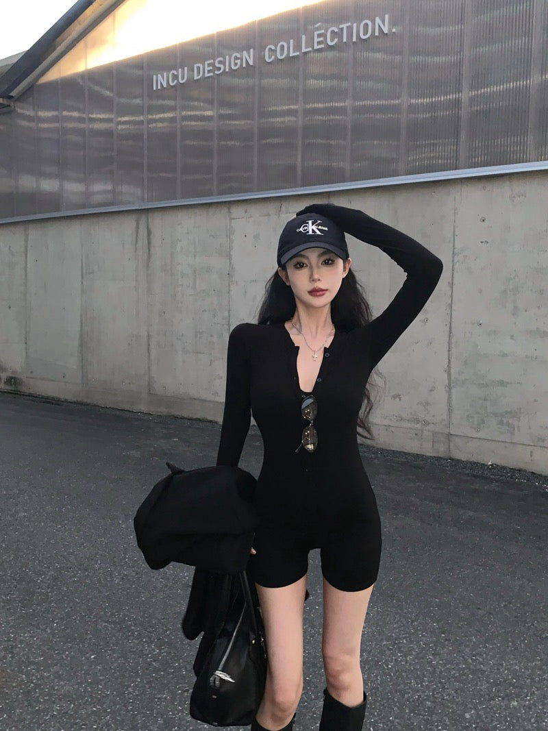26Jun. 排扣歐美彈力運動連身褲 黑