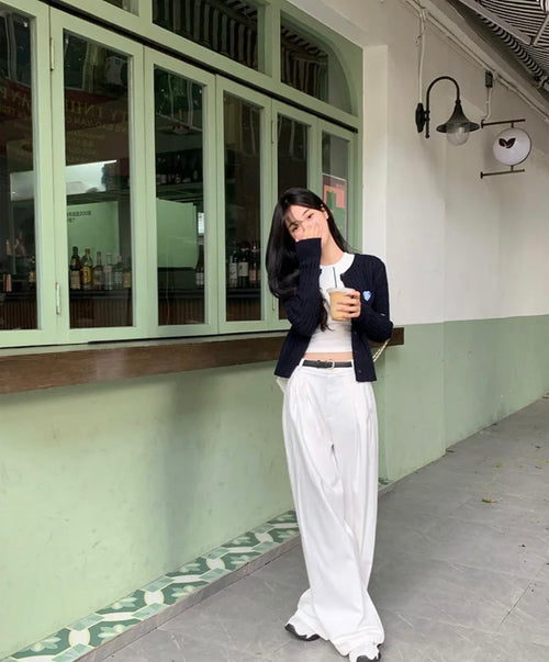 26Jun. 隨性老錢風白色闊腿褲  圓領針織外套