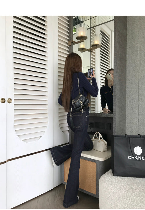 26Jun. 韓模美腿 牛仔原色中腰顯瘦微喇叭褲