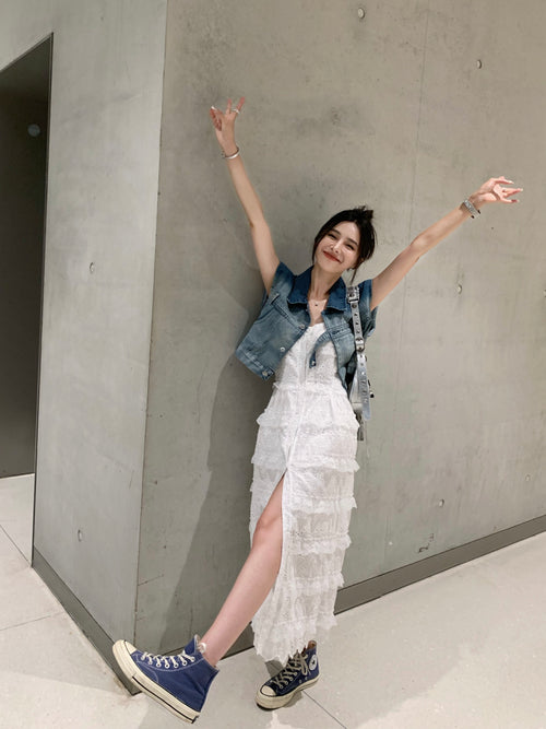 26Jun. 休閒漸變牛仔背心 唯美氣質蕾絲蛋糕裙洋裝