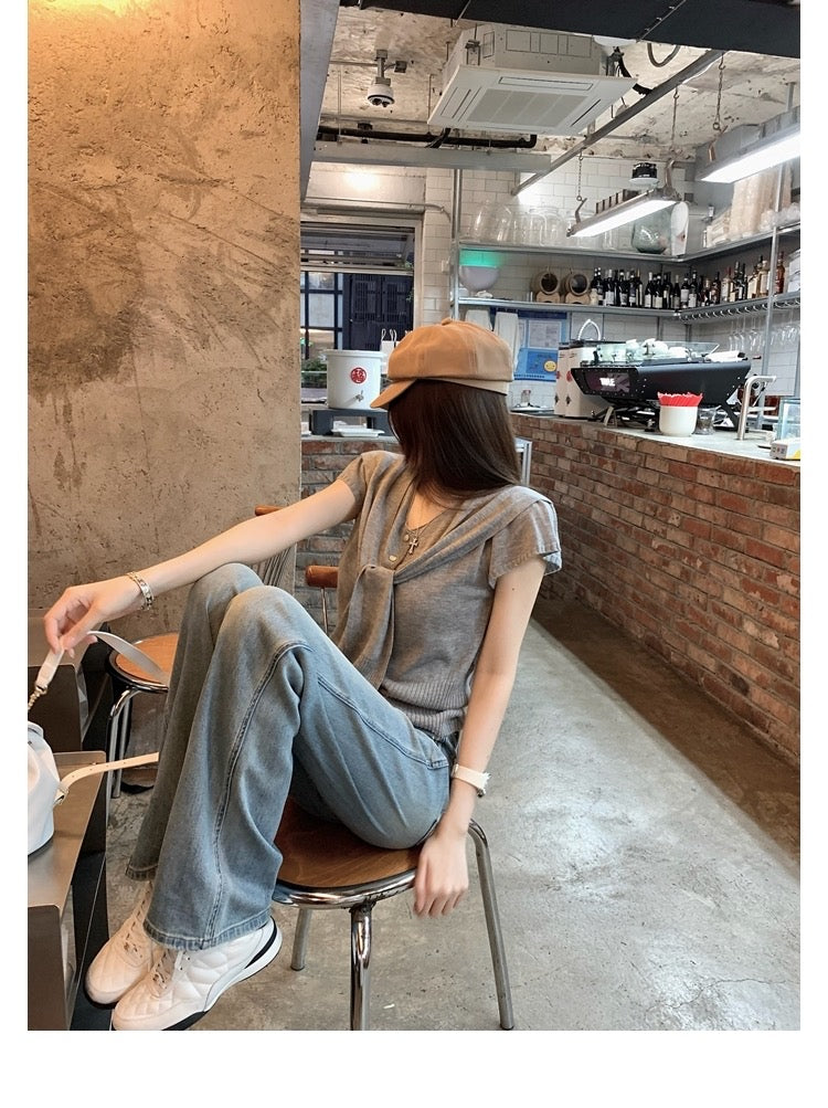 26Jun. 韓女Cruch氣質鬆弛感 兩件式針織披肩上衣 灰