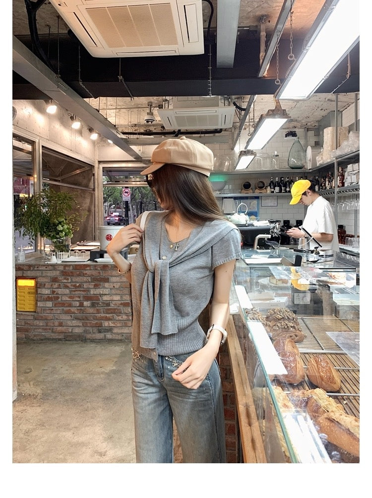26Jun. 韓女Cruch氣質鬆弛感 兩件式針織披肩上衣 灰