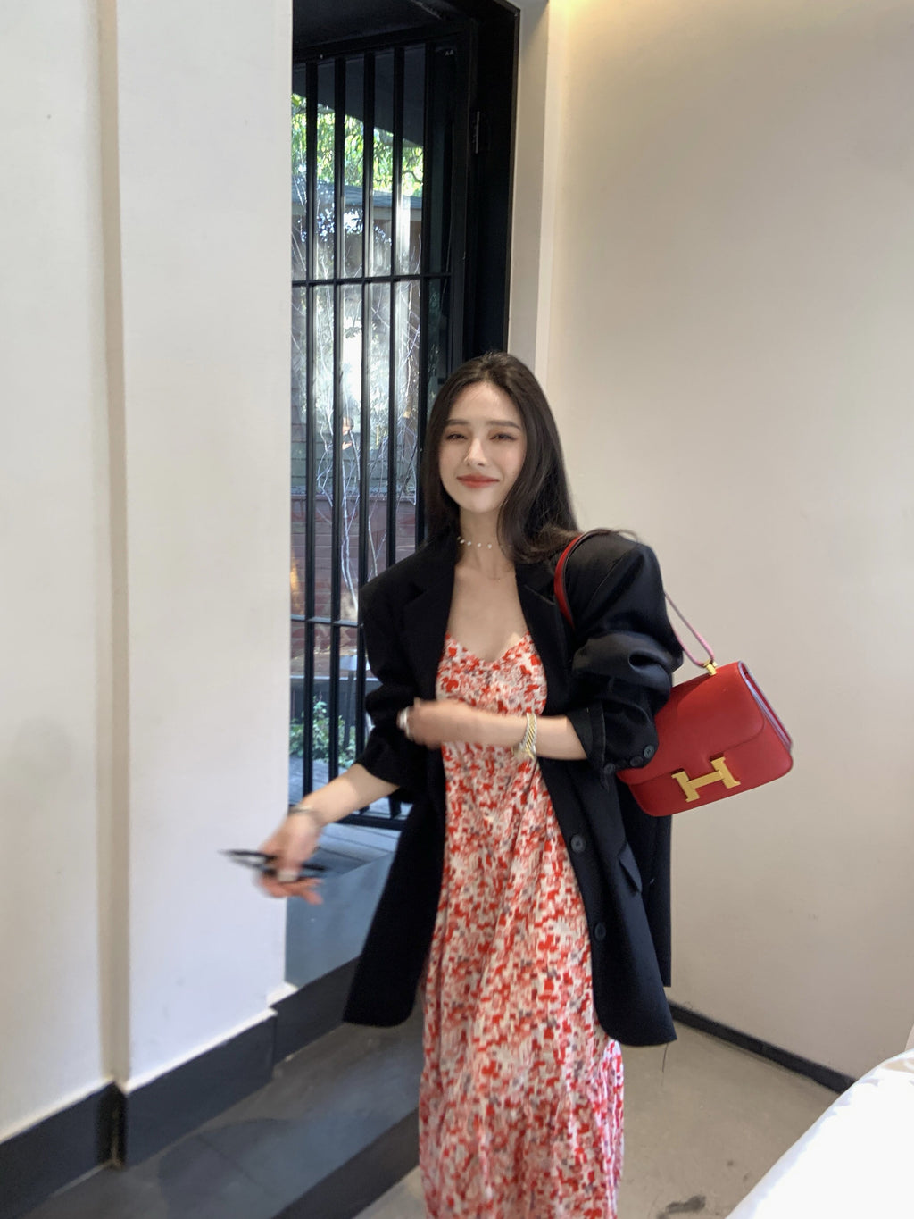 26Jun. 法式幾何紅色印花夏日連身裙 廓形西裝外套