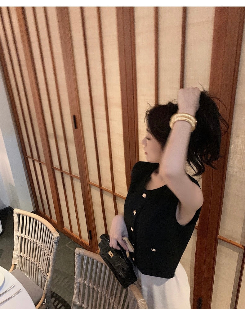 26Jun. 小香風 金釦背心 紋理黑