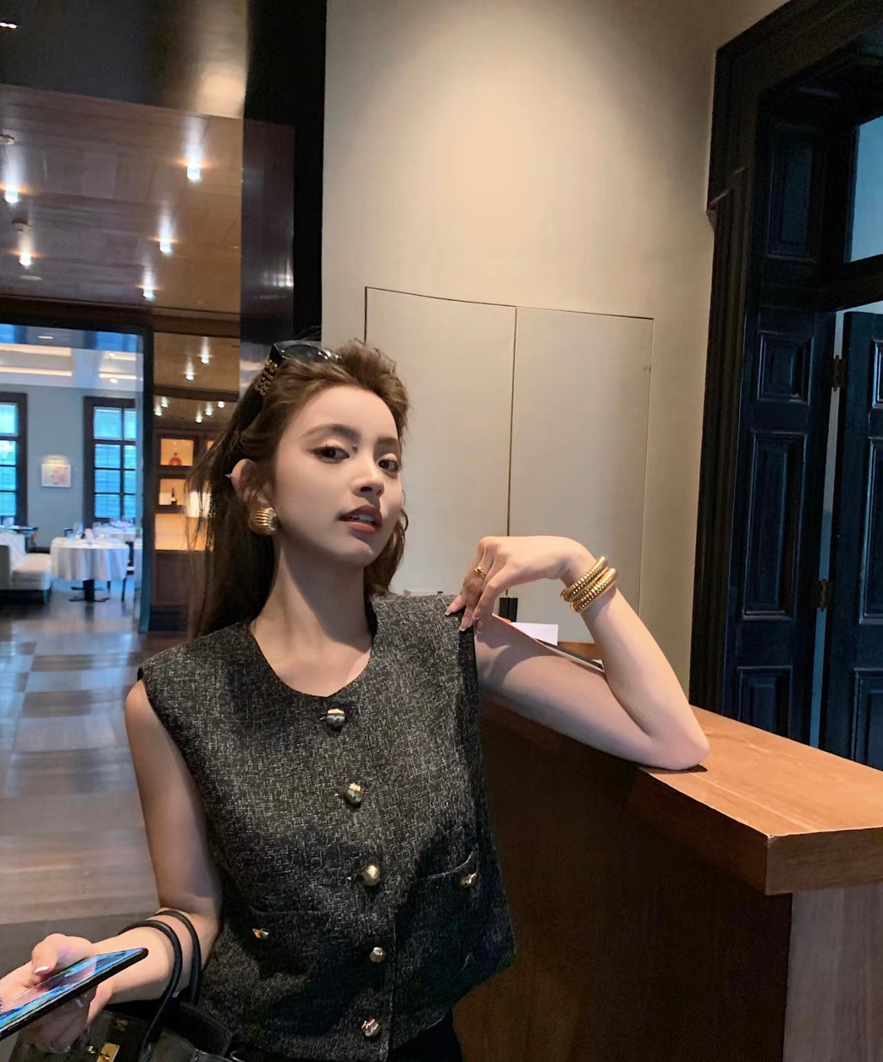 26Jun. 小香風 金釦背心 銀麻灰