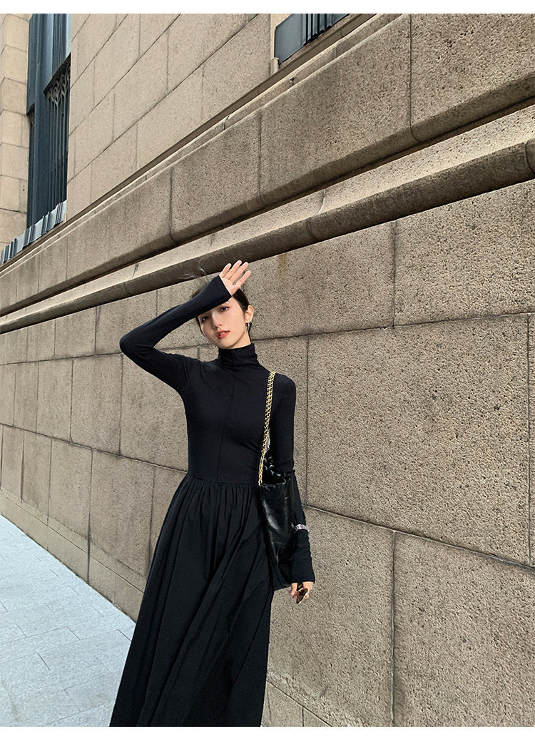 26Jun. 優雅女伶 高領赫本拼接連身裙 黑