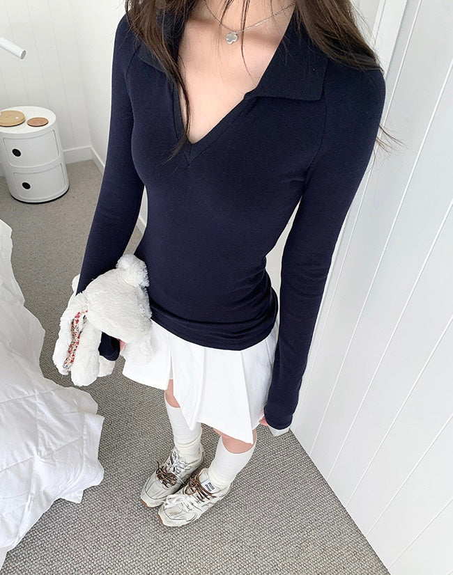 26Jun. 經典打底 純棉polo領純色修身上衣 藍