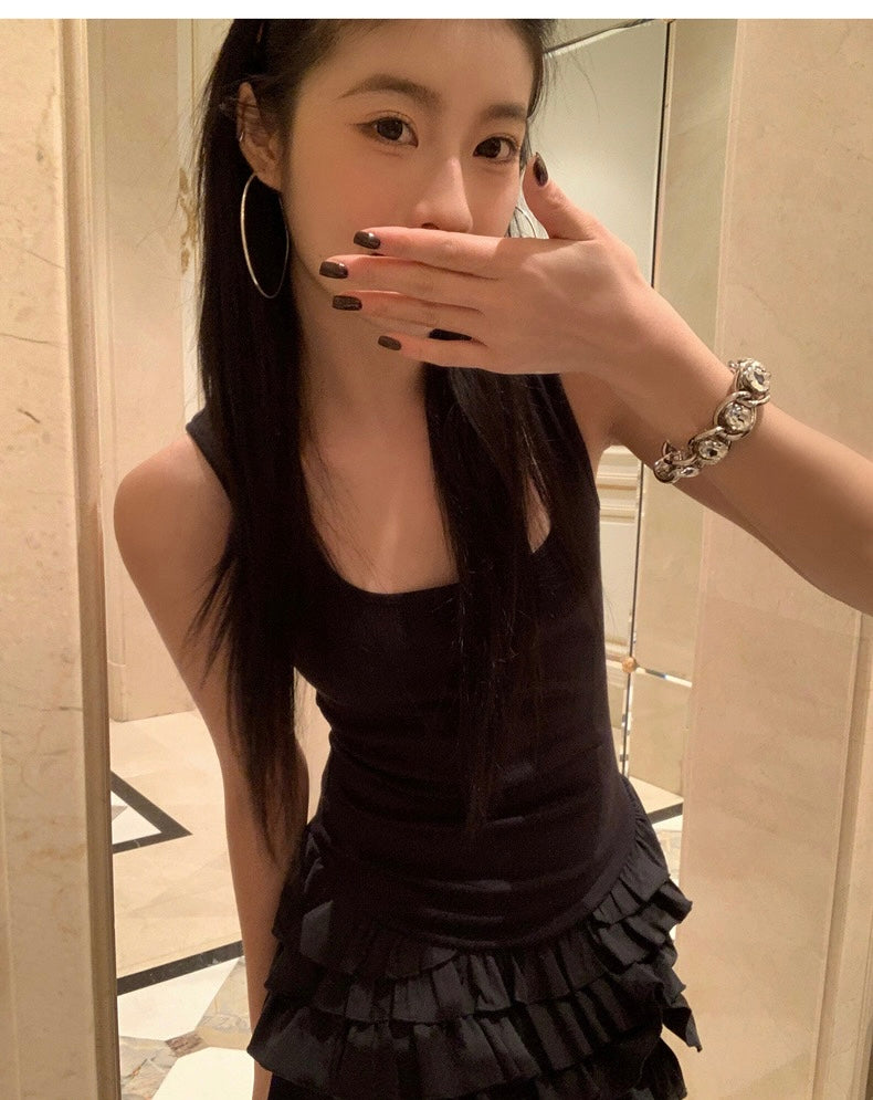26Jun. 舞蹈生 方領拼接花苞顯瘦顯身裙 黑