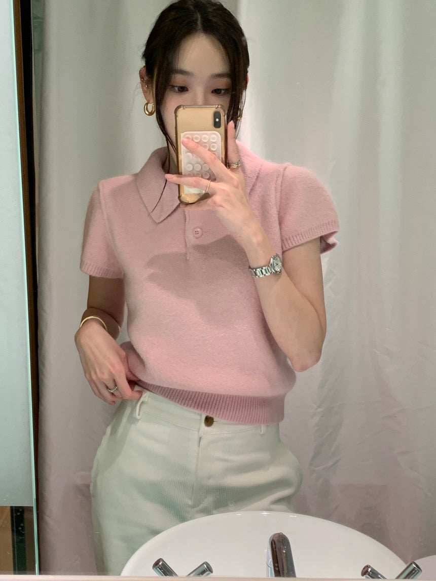 26Jun. 個性單排扣polo領小短袖針織上衣 粉