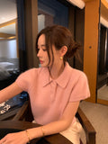 26Jun. 個性單排扣polo領小短袖針織上衣 粉