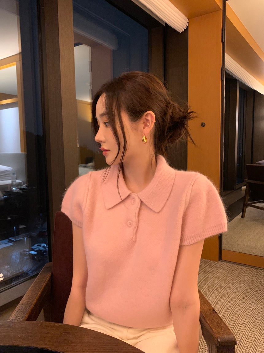 26Jun. 個性單排扣polo領小短袖針織上衣 粉