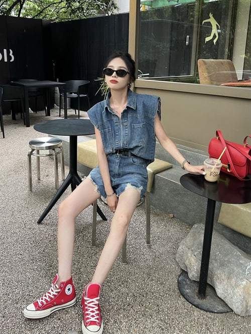 26Jun. 復古直角肩牛仔背心 短褲