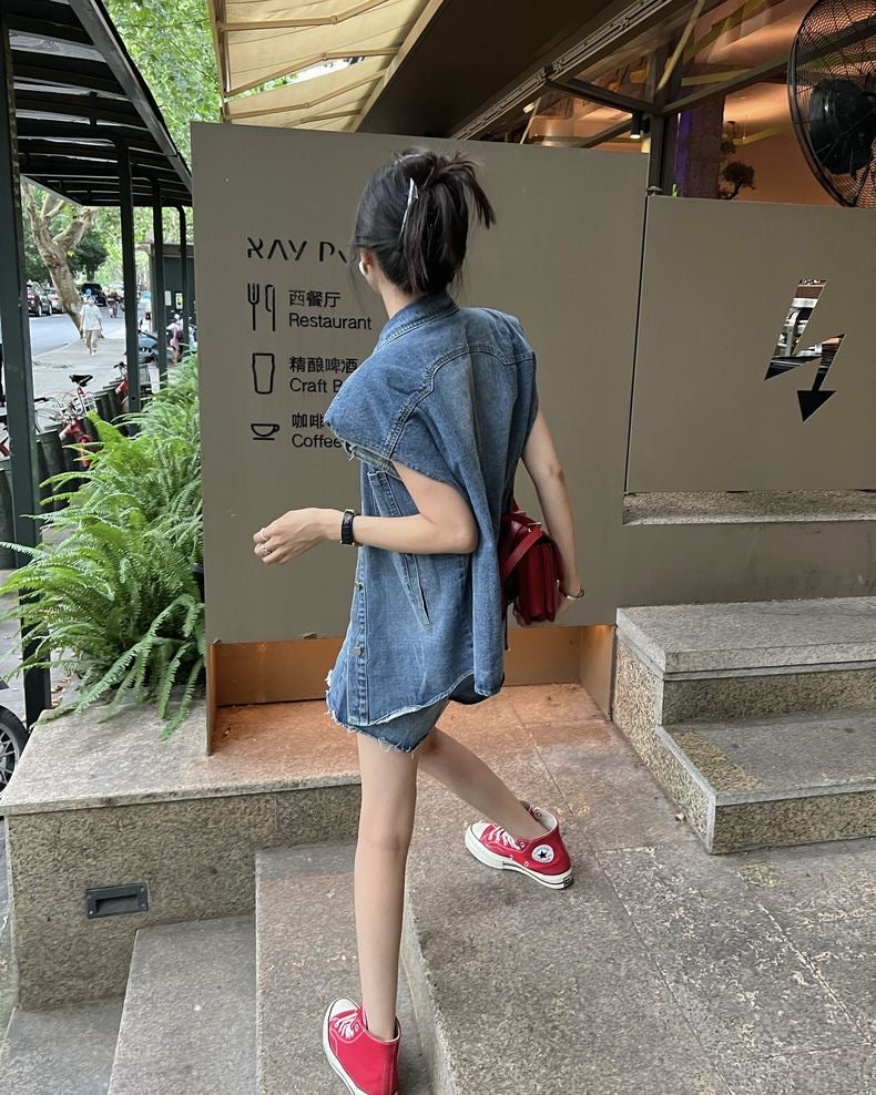 26Jun. 復古直角肩牛仔背心 短褲