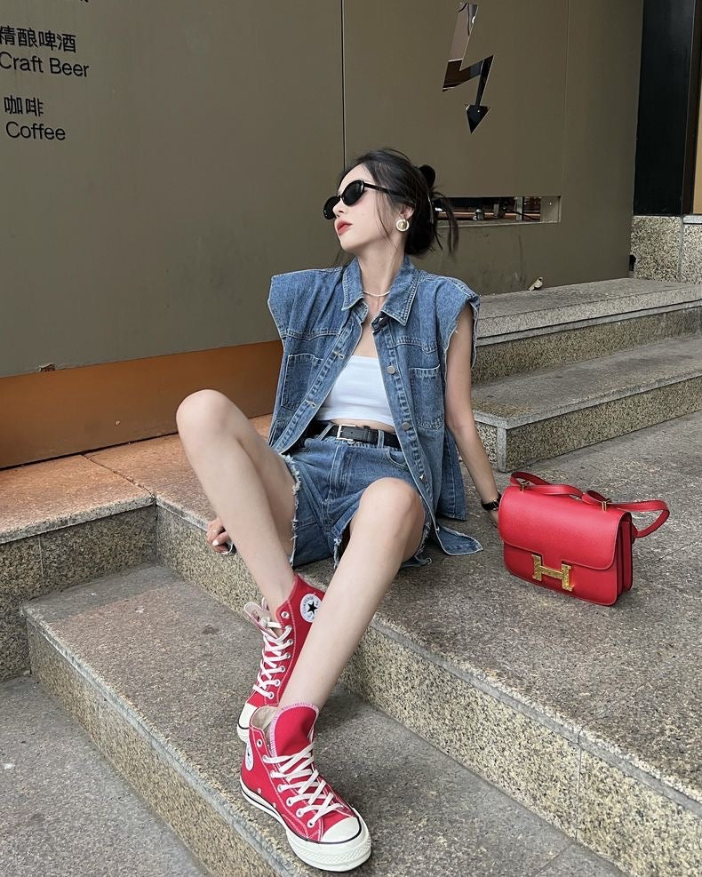 26Jun. 復古直角肩牛仔背心 短褲