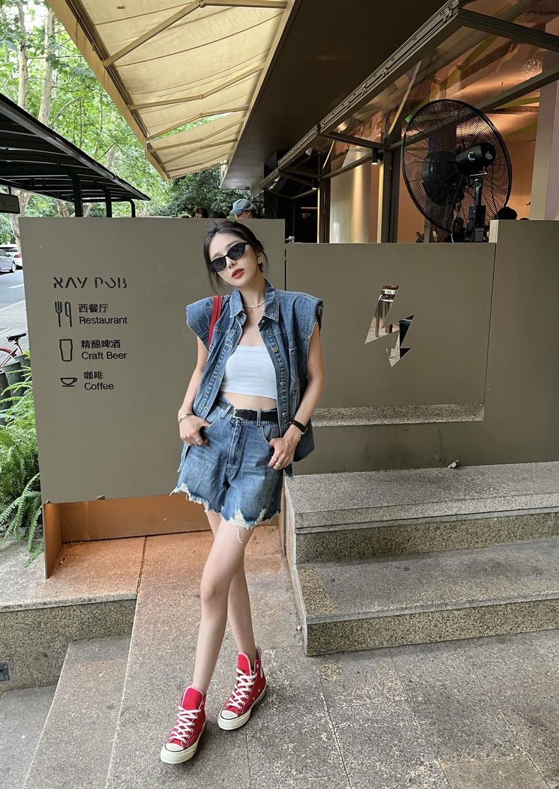 26Jun. 復古直角肩牛仔背心 短褲