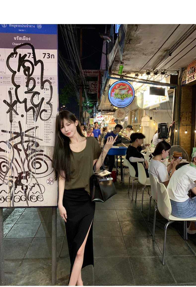 26Jun. 歐美女明星極簡顯瘦褶皺開叉裙 灰