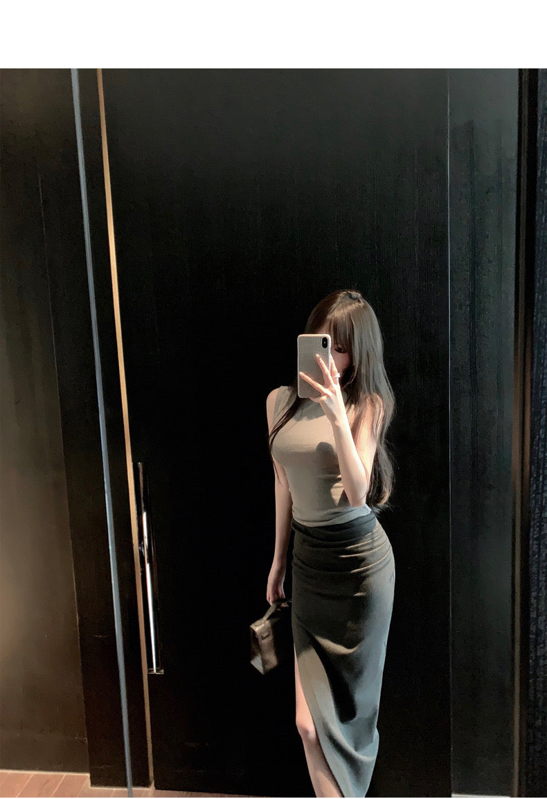 26Jun. 歐美女明星極簡顯瘦褶皺開叉裙 灰