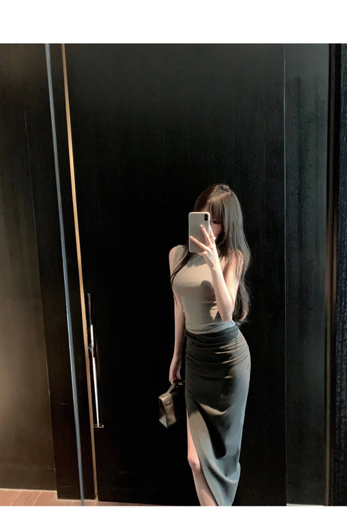 26Jun. 歐美女明星極簡顯瘦褶皺開叉裙 灰