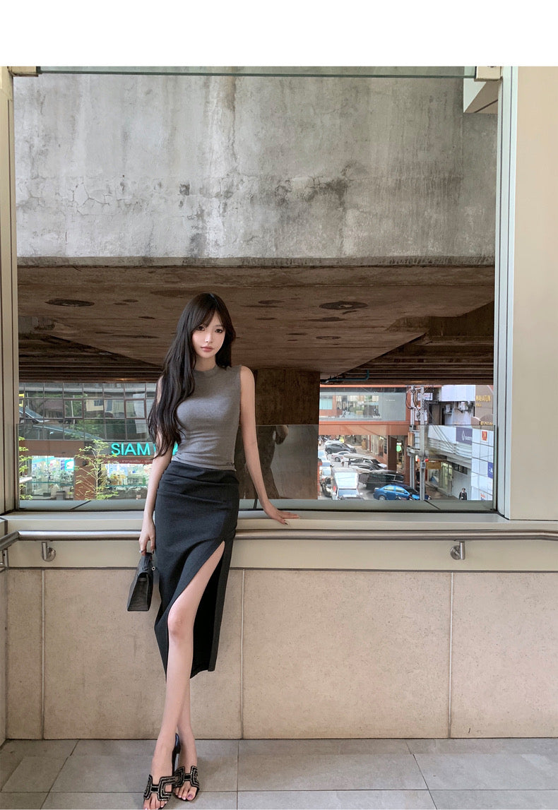 26Jun. 歐美女明星極簡顯瘦褶皺開叉裙 灰