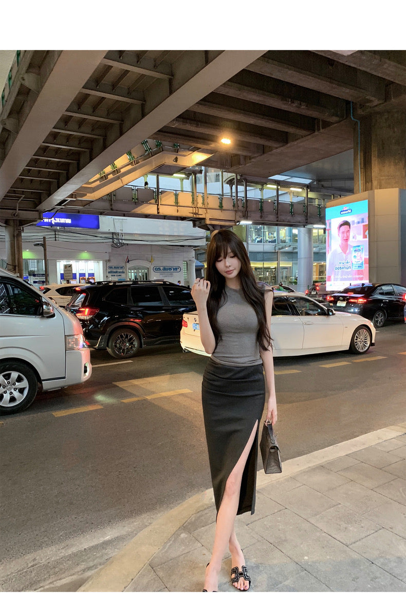 26Jun. 歐美女明星極簡顯瘦褶皺開叉裙 灰