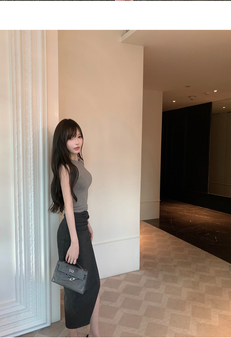 26Jun. 歐美女明星極簡顯瘦褶皺開叉裙 灰