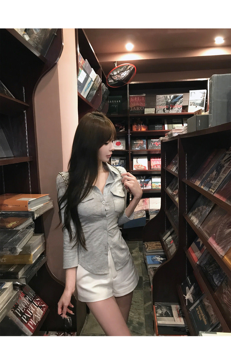 26Jun. 鬆弛感韓女 排釦polo領顯瘦收腰襯衫 灰