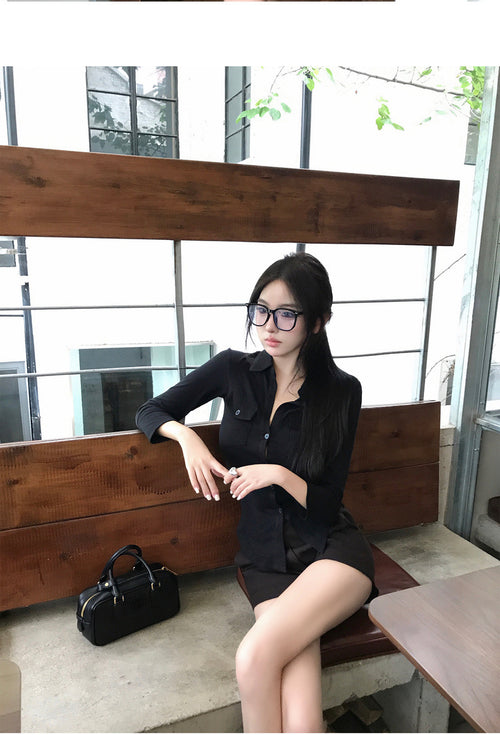 26Jun. 鬆弛感韓女 排釦polo領顯瘦收腰襯衫 黑/白
